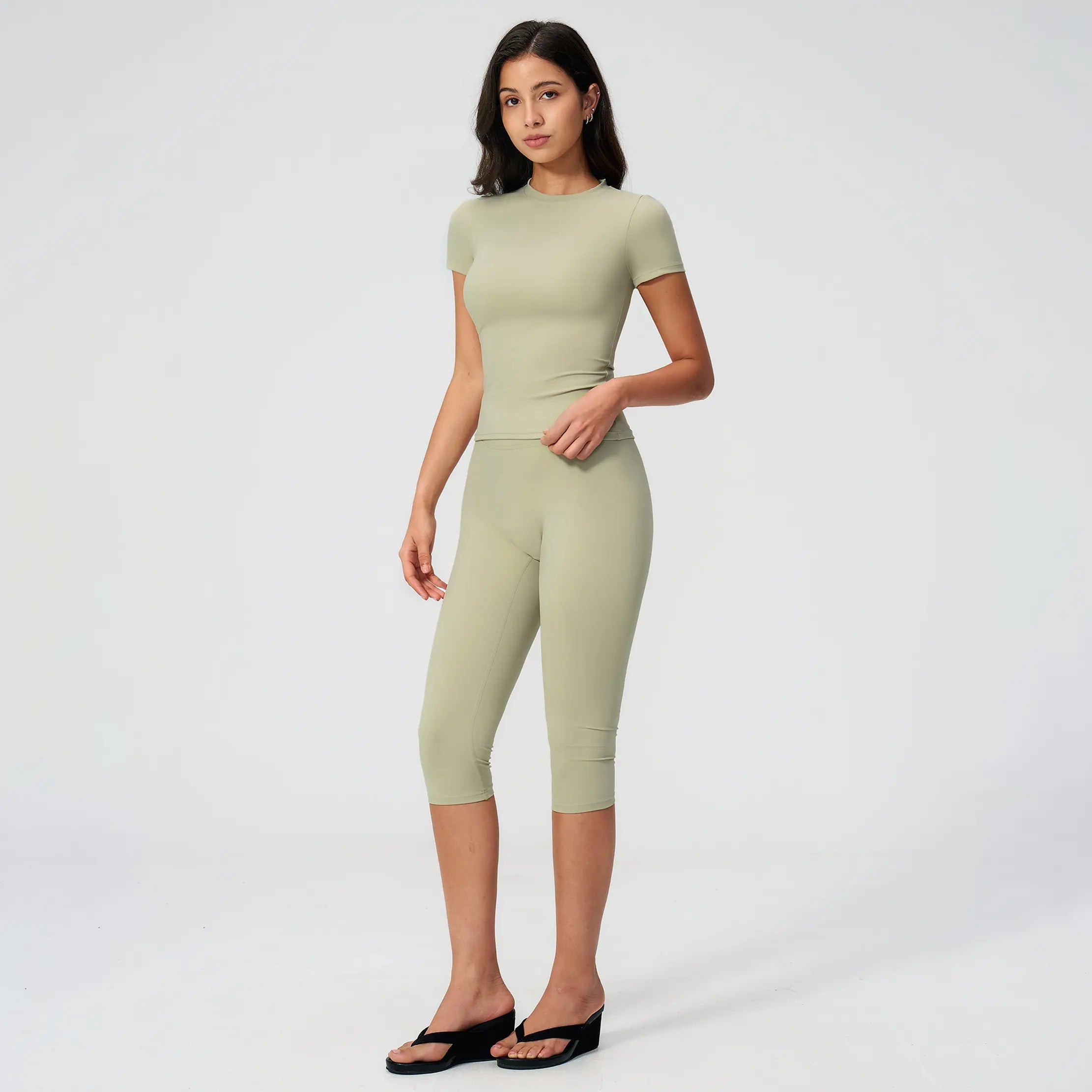 Women'S 2 Piece Capri Set, Slim Fit Short Sleeve T-Shirt and High Waist Leggings, Tummy Control Butt Lifting Polyester Activewear for Gym Yoga, Two Piece Set