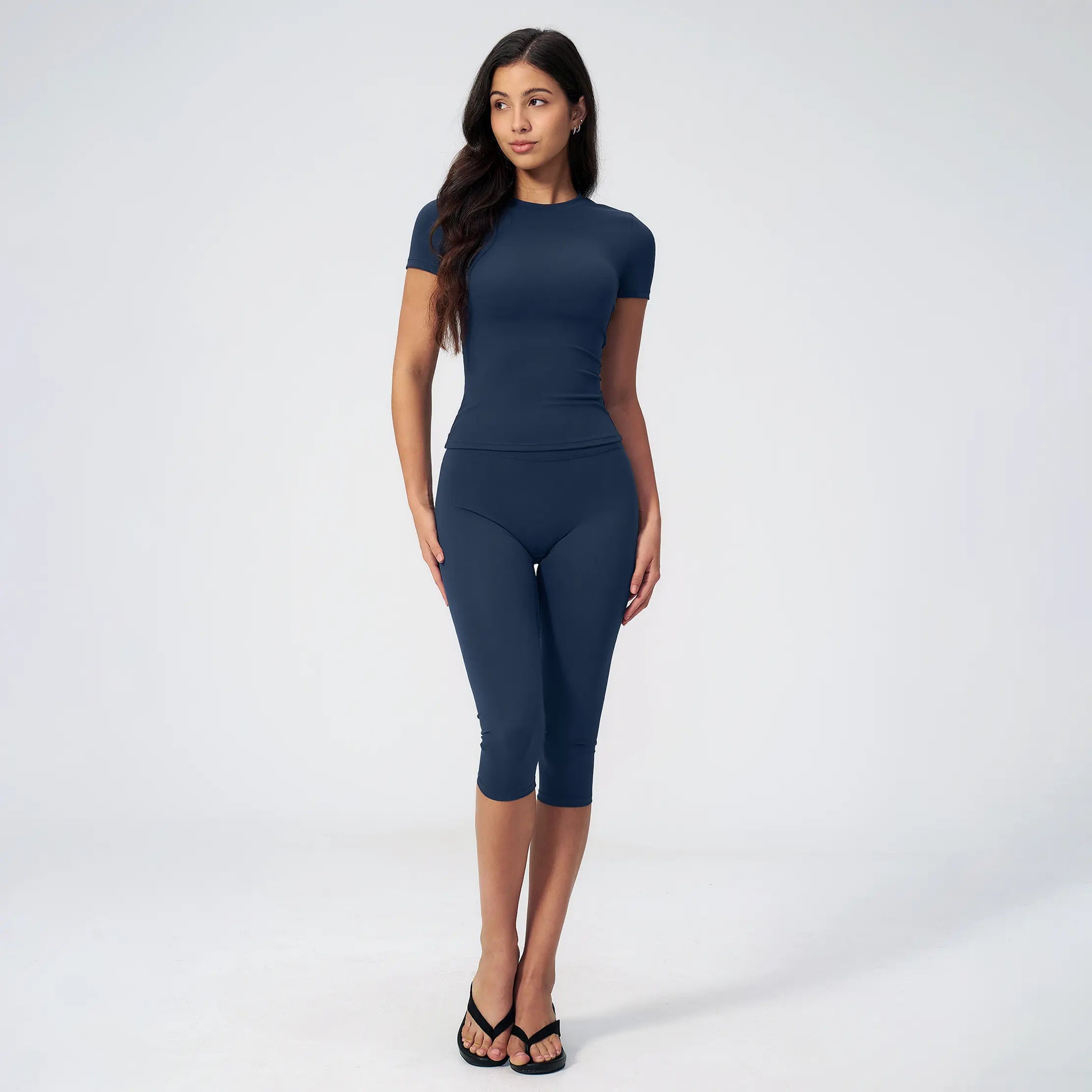 Women'S 2 Piece Capri Set, Slim Fit Short Sleeve T-Shirt and High Waist Leggings, Tummy Control Butt Lifting Polyester Activewear for Gym Yoga, Two Piece Set