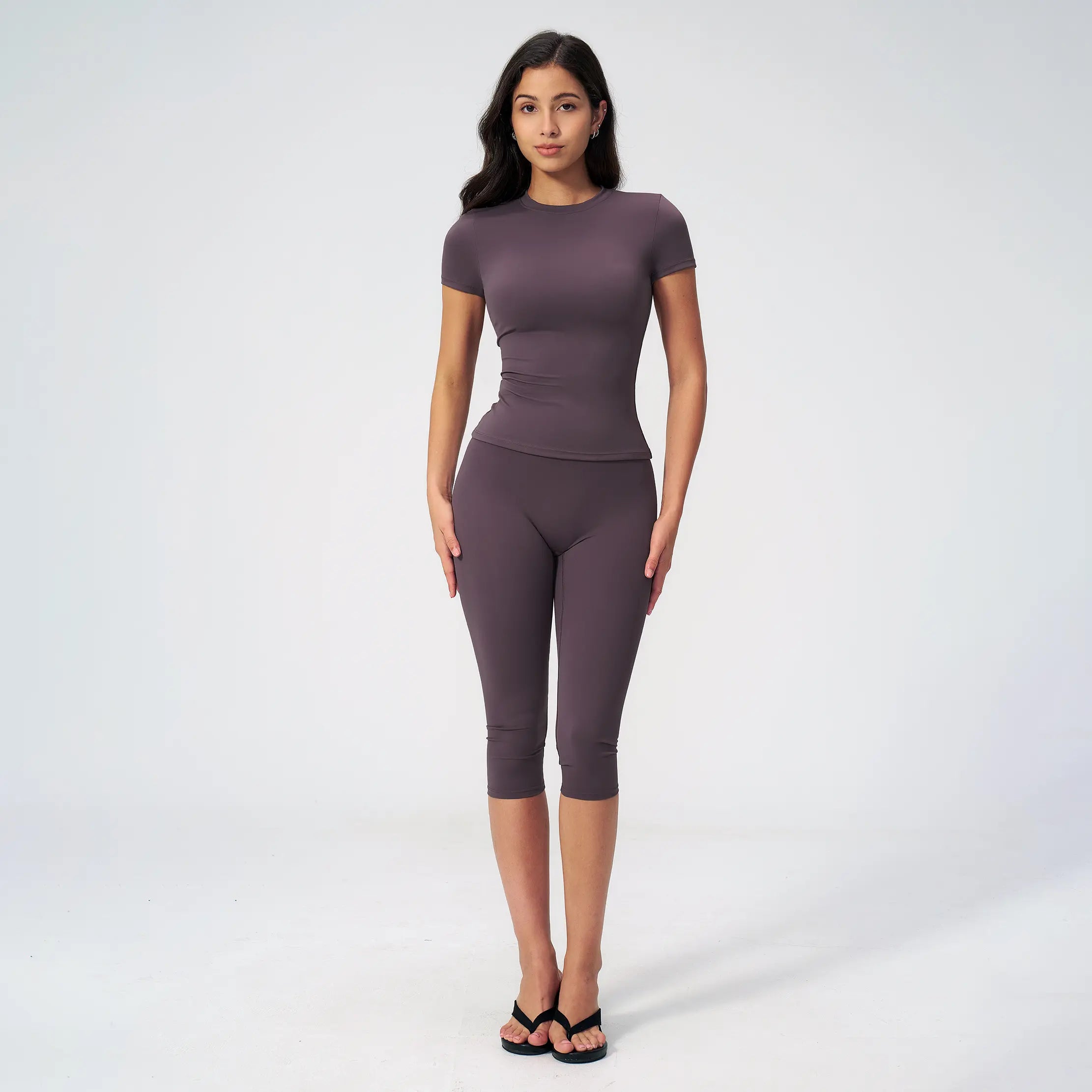 Women'S 2 Piece Capri Set, Slim Fit Short Sleeve T-Shirt and High Waist Leggings, Tummy Control Butt Lifting Polyester Activewear for Gym Yoga, Two Piece Set