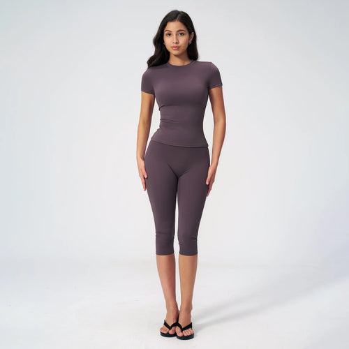 Women'S 2 Piece Capri Set, Slim Fit Short Sleeve T-Shirt and High Waist Leggings, Tummy Control Butt Lifting Polyester Activewear for Gym Yoga, Two Piece Set