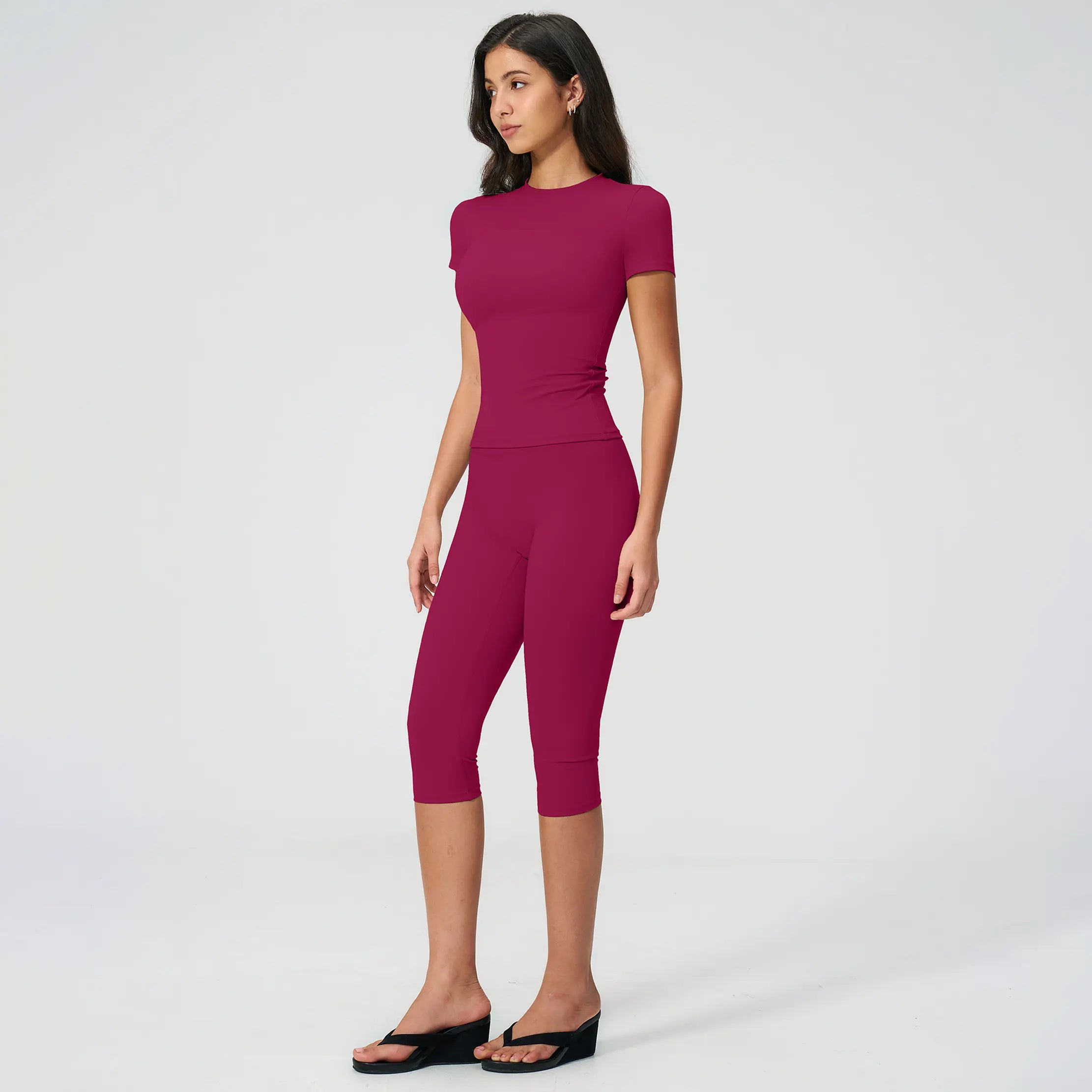 Women'S 2 Piece Capri Set, Slim Fit Short Sleeve T-Shirt and High Waist Leggings, Tummy Control Butt Lifting Polyester Activewear for Gym Yoga, Two Piece Set