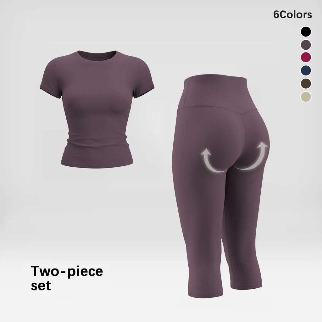 Women'S 2 Piece Capri Set, Slim Fit Short Sleeve T-Shirt and High Waist Leggings, Tummy Control Butt Lifting Polyester Activewear for Gym Yoga, Two Piece Set