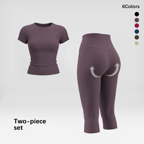 Women'S 2 Piece Capri Set, Slim Fit Short Sleeve T-Shirt and High Waist Leggings, Tummy Control Butt Lifting Polyester Activewear for Gym Yoga, Two Piece Set