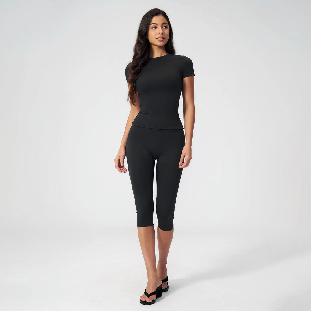 Women'S 2 Piece Capri Set, Slim Fit Short Sleeve T-Shirt and High Waist Leggings, Tummy Control Butt Lifting Polyester Activewear for Gym Yoga, Two Piece Set