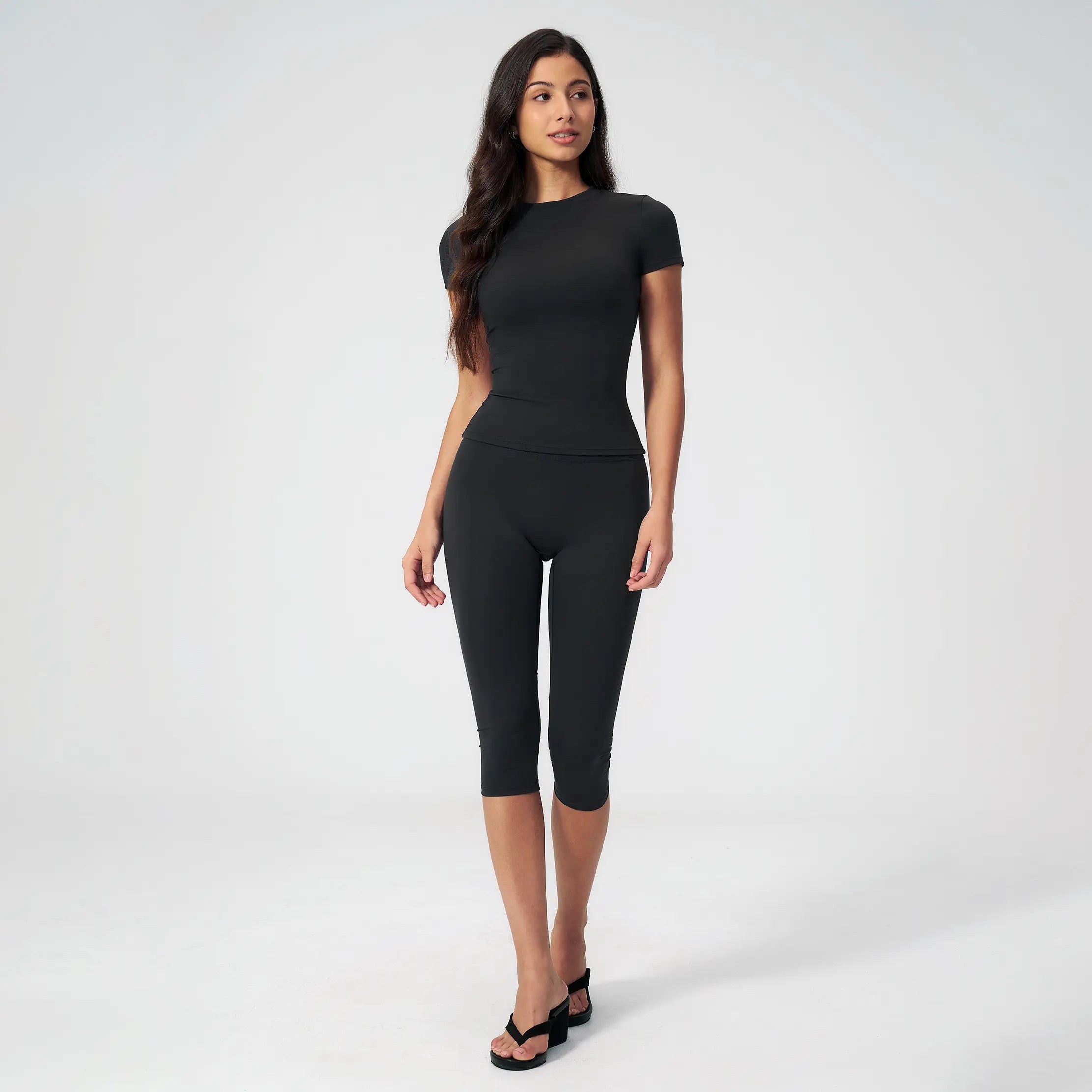 Women'S 2 Piece Capri Set, Slim Fit Short Sleeve T-Shirt and High Waist Leggings, Tummy Control Butt Lifting Polyester Activewear for Gym Yoga, Two Piece Set