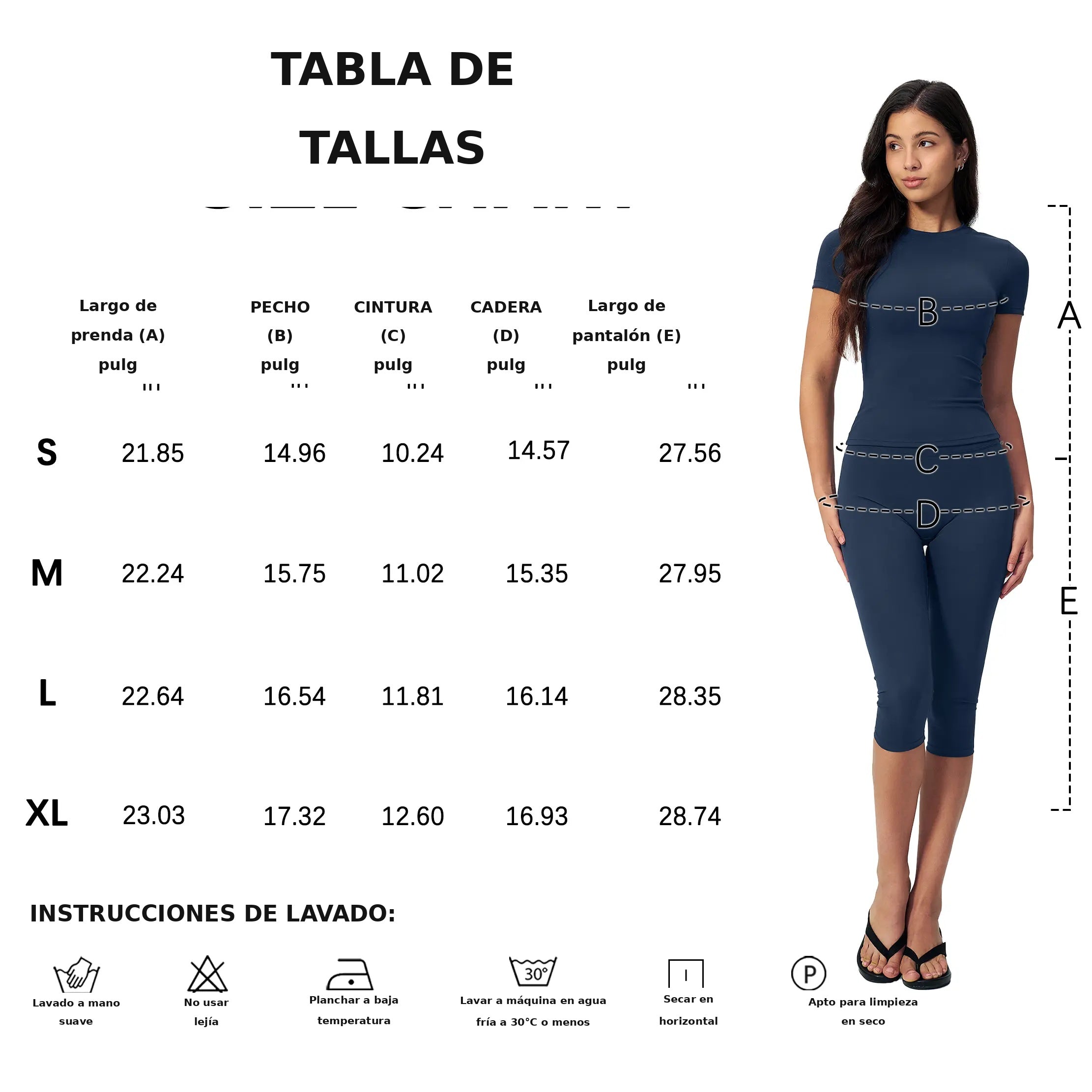 Tabla de tallas del conjunto deportivo Zest Market con guía de medidas e instrucciones de lavado