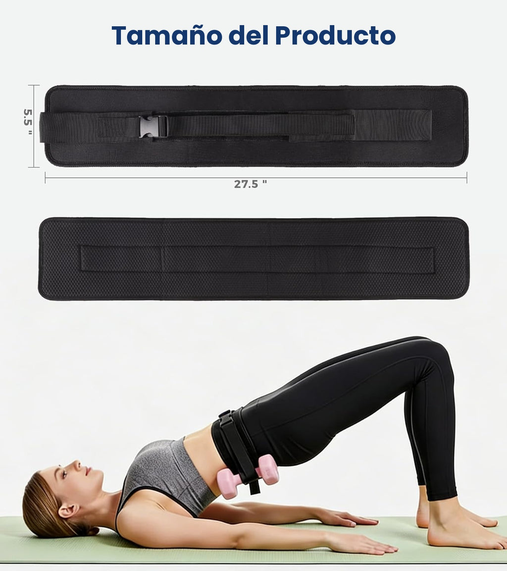 Medidas del cinturón Hip Thrust Zest Market y ejemplo de uso en puente de glúteos. 27.5 x 5.5 pulgadas