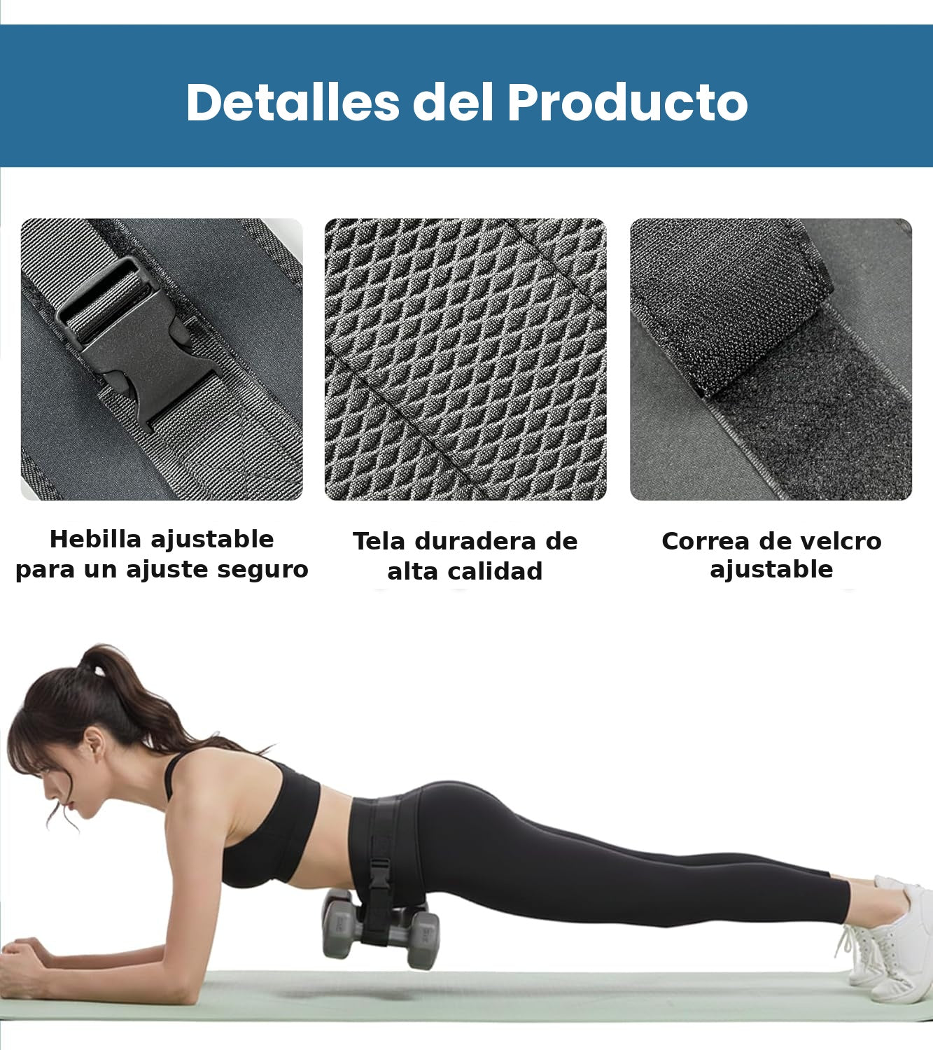Detalles del cinturón Hip Thrust Zest Market: hebilla ajustable, tela resistente y correa de velcro