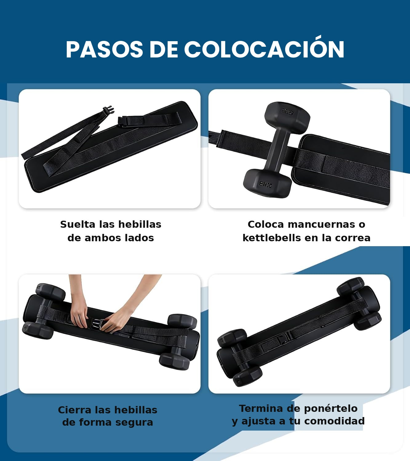 Pasos para colocarse el cinturón Hip Thrust Zest Market: abrir hebillas, colocar peso y ajustar
