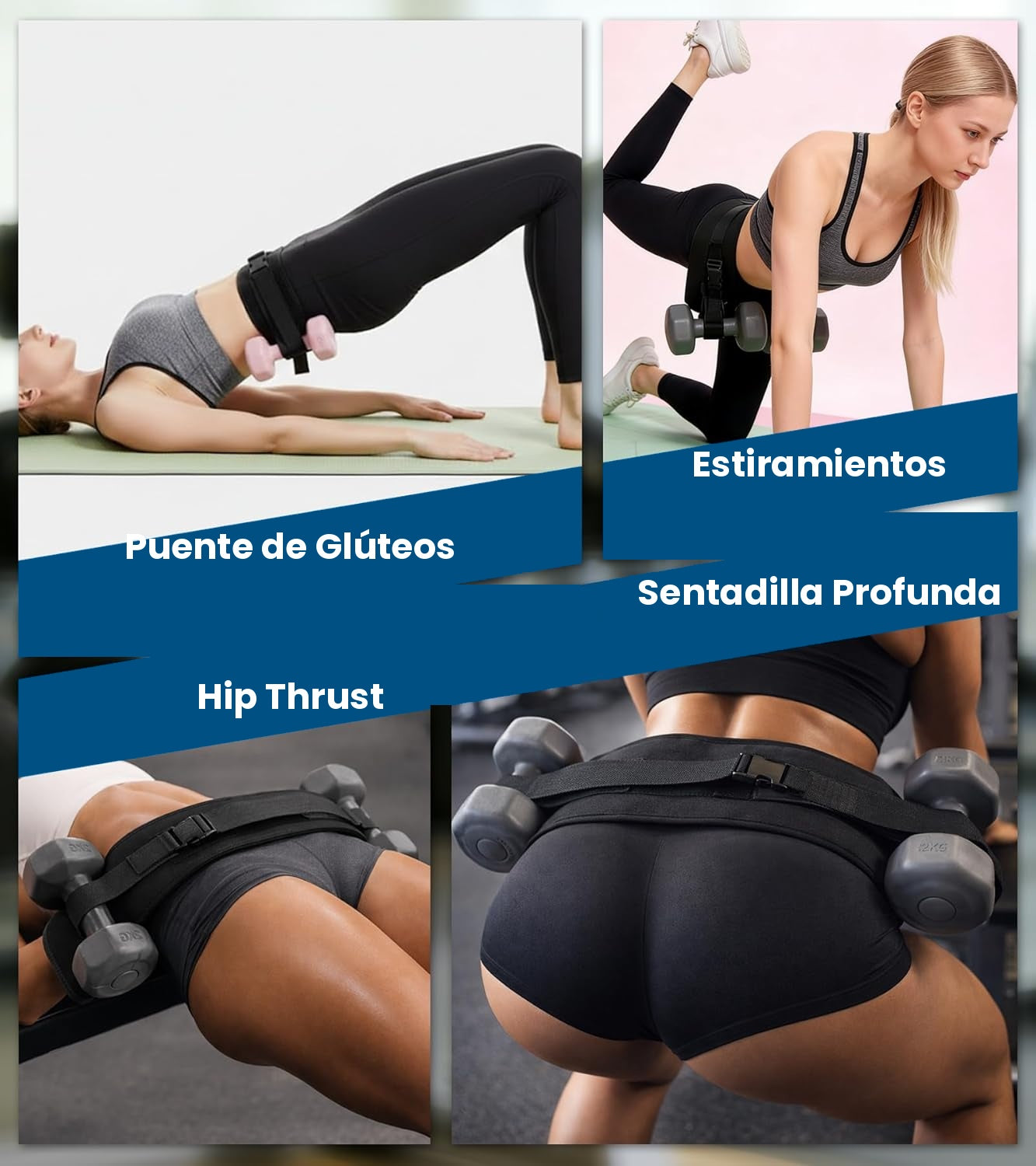 Ejercicios con cinturón Hip Thrust Zest Market: puente de glúteos, estiramientos, hip thrust y sentadilla profunda